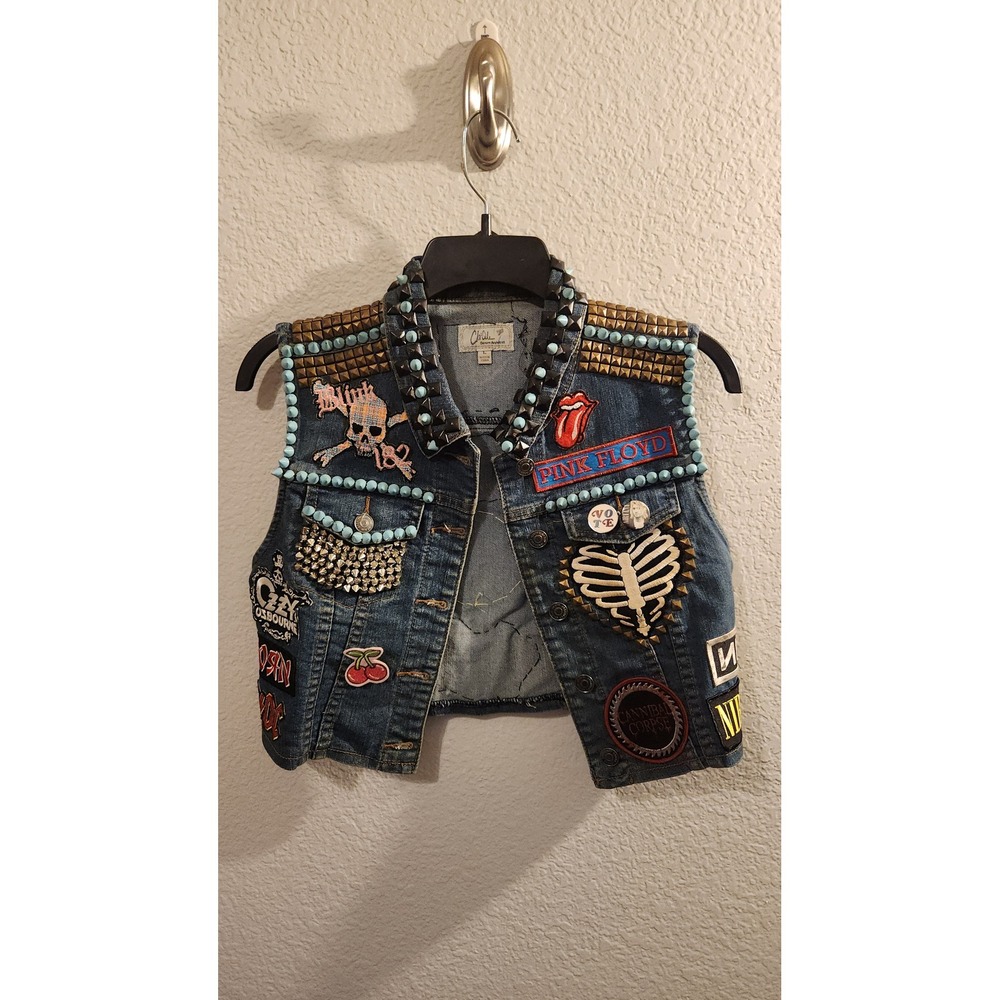 Clique Denim Architect Women L Battle Vest Studded Band Patches Punk Rock DIY